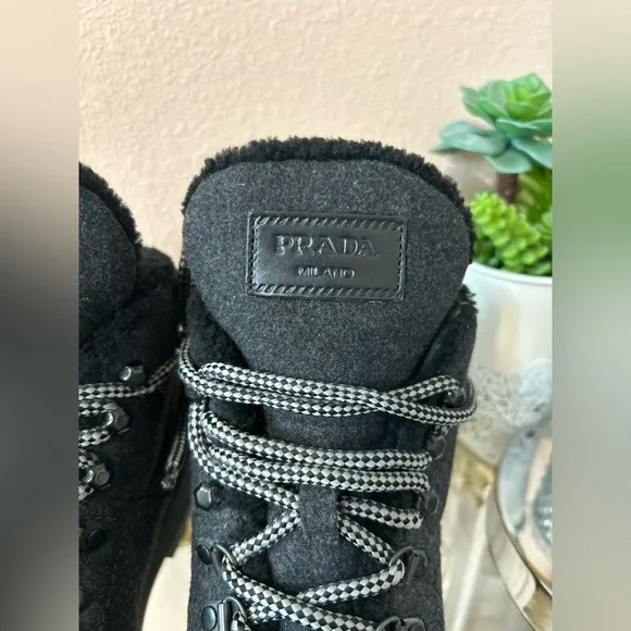 Prada Felt Shearling Fur Hiking Boots Size 38.5/8 - Picture 3 of 14